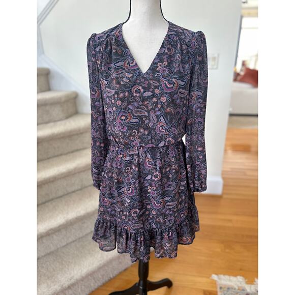 Evereve Purple Paisley Blouson Sleeve Mini Dress Boho Fall Moody Floral - Picture 1 of 6